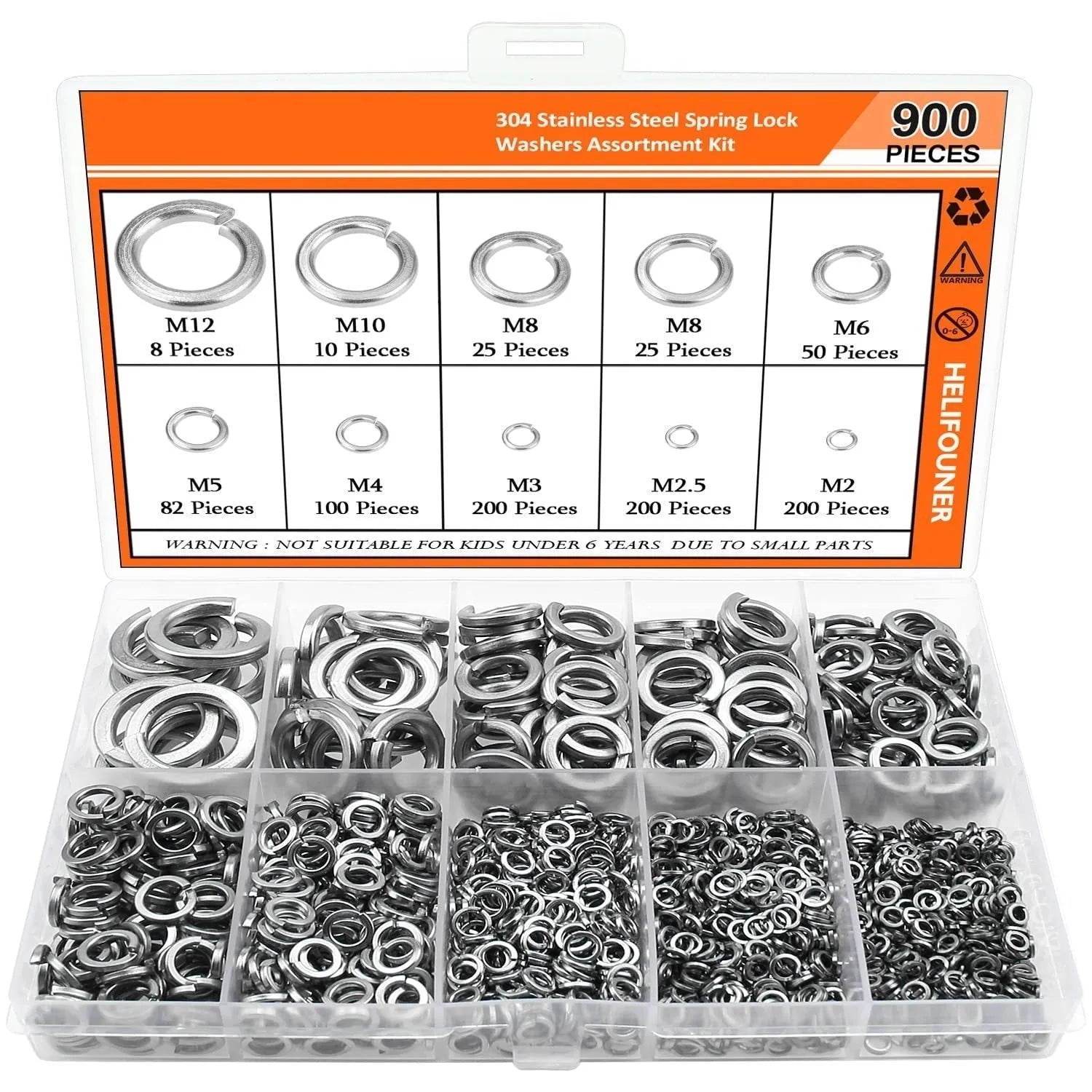 304 stainless steel spring lock washer combination box with 900 pieces covering 2-12mm diameters