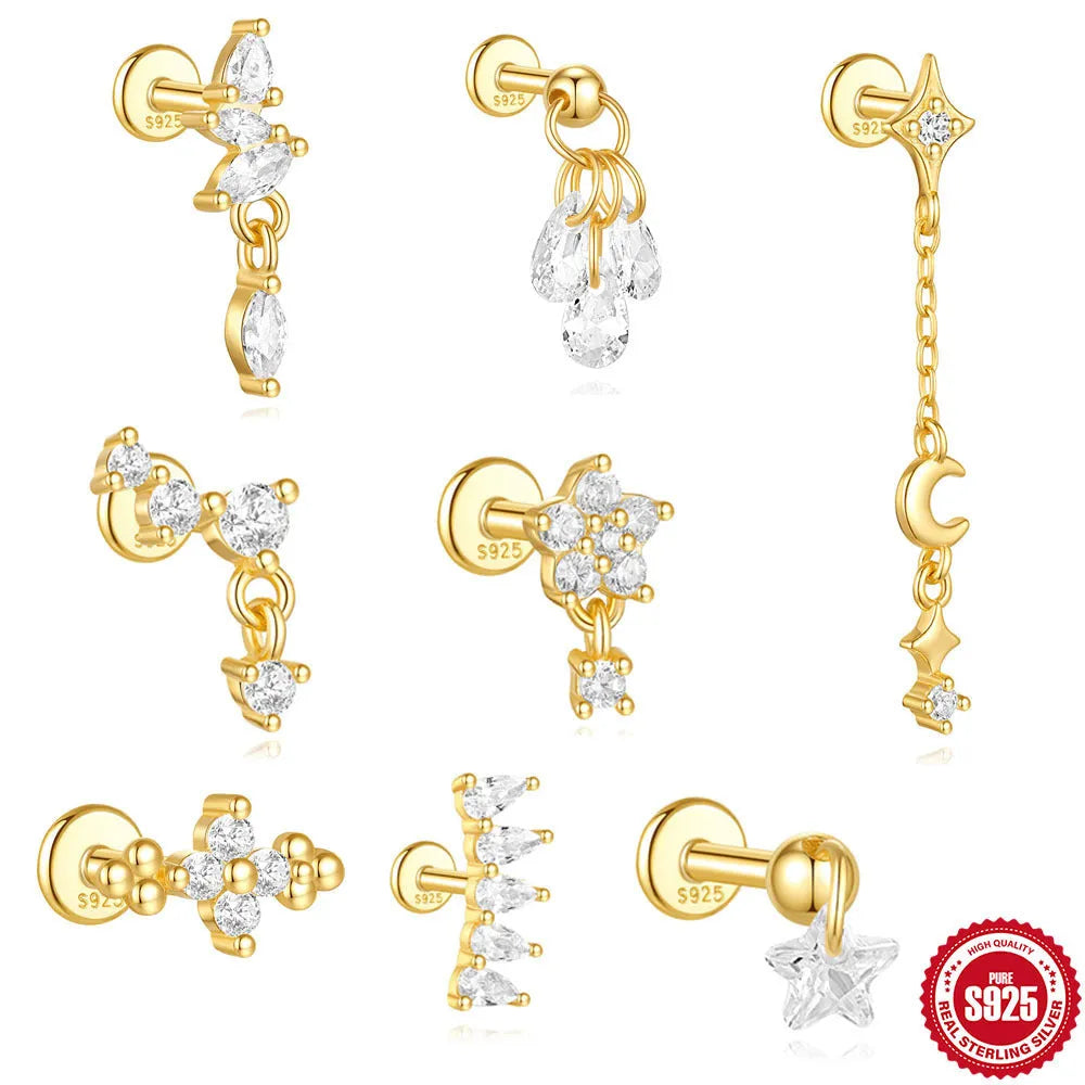 S925 sterling silver geometric star earrings with moon and diamond embedded details in gold plating