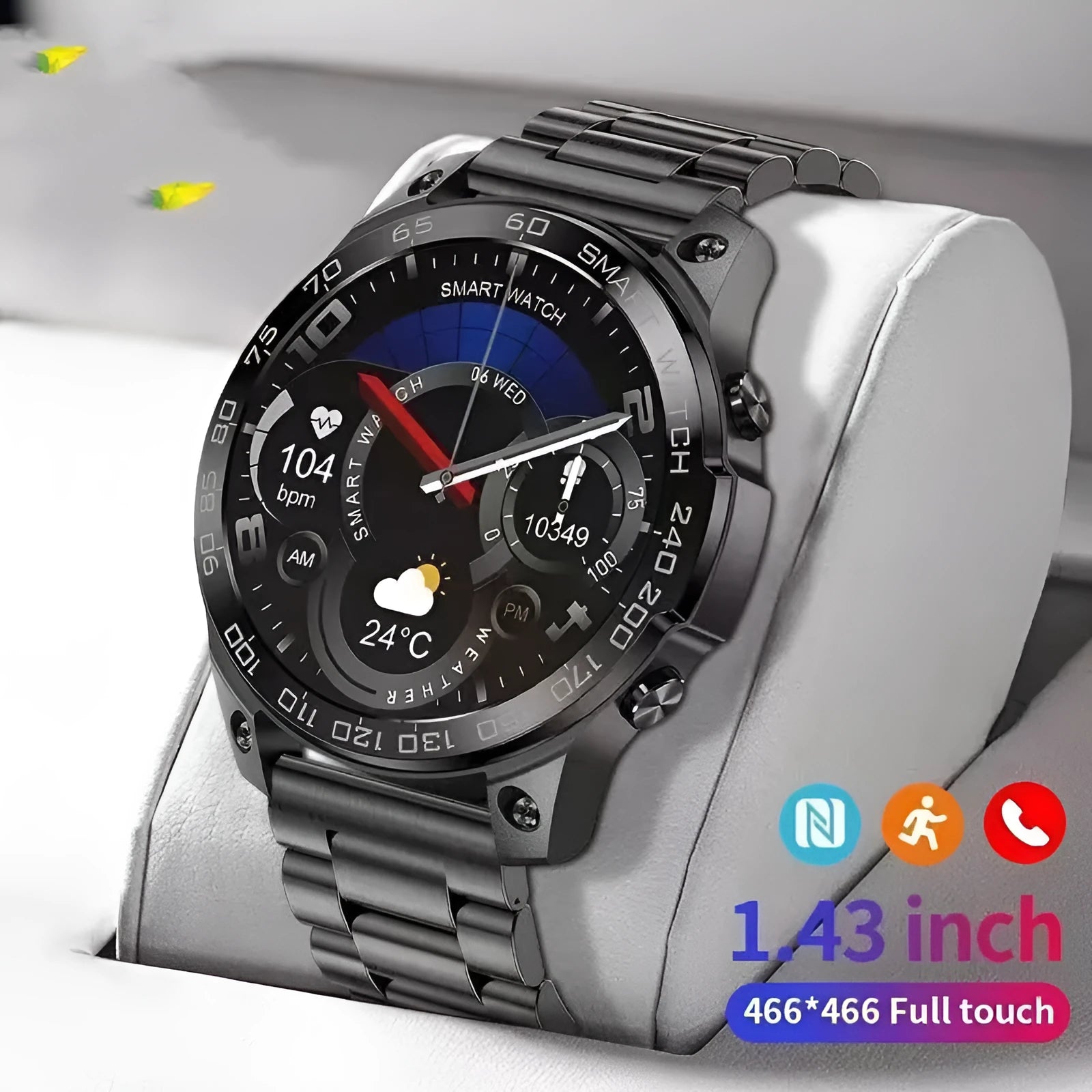 Black smartwatch with round AMOLED screen and silicone strap, showing fitness data on always-on display.