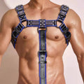 Blue and black leather shoulder strap suspenders with metal buckle adjustment