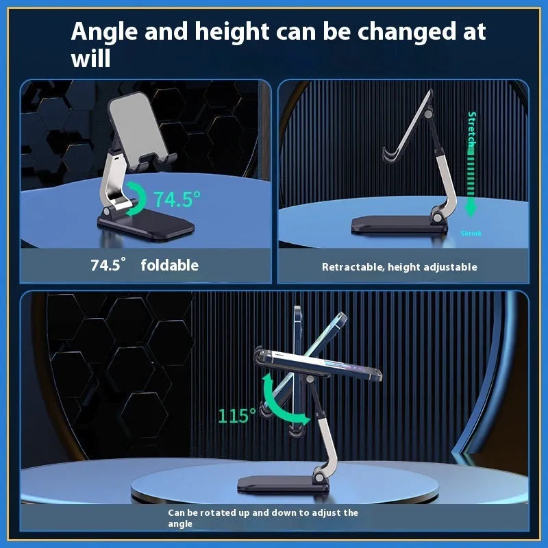 Folding portable mobile phone desktop stand in four colour options showing ABS and aluminum construction