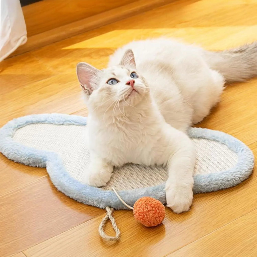 White cat scratching mat with sleeping cat design, natural sisal surface, wall mounted, 41cm by 21cm