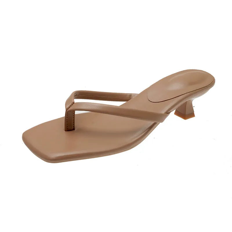 Women's square toe stiletto heel flip-flops with rubber sole in black, milky white or apricot