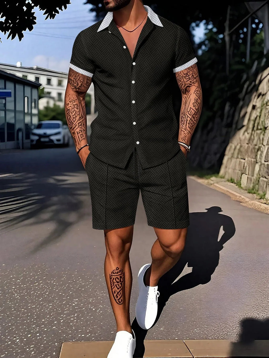 Men's digital printing short sleeve suit set with coordinating shorts in cotton blend fabric