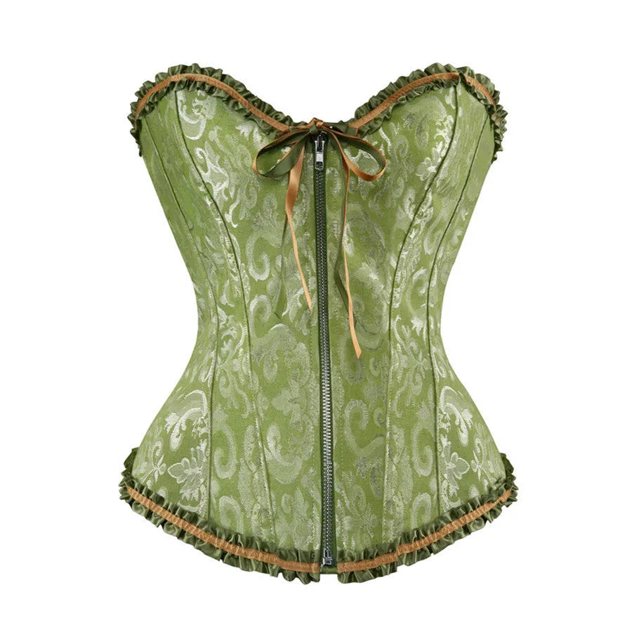 Women's black spandex zipper corset with jacquard texture on a mannequin, showing front closure.