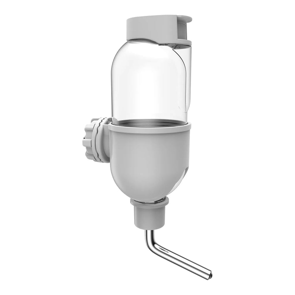 Blue pet water bottle with rotatable nozzle for small animal cages, showing 500ml capacity and stainless steel ball