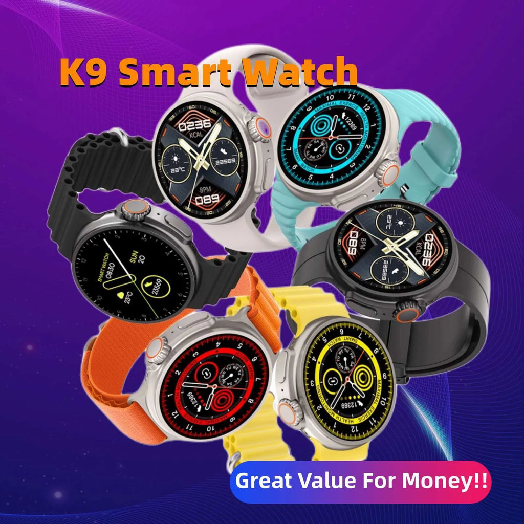 K9 smart watch with black silicone strap and round screen showing fitness stats.