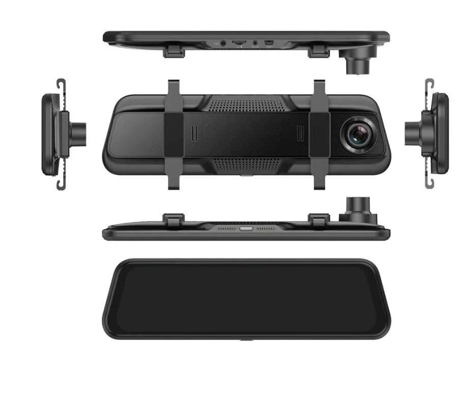 Black 10-inch rear view mirror dash cam with dual recording, 170-degree angle, and touch screen