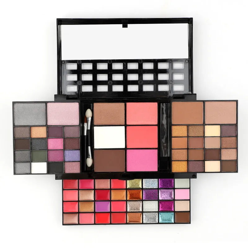 74-colour makeup set with 4-layer compact, eyeshadows, lip glosses, and brushes on display