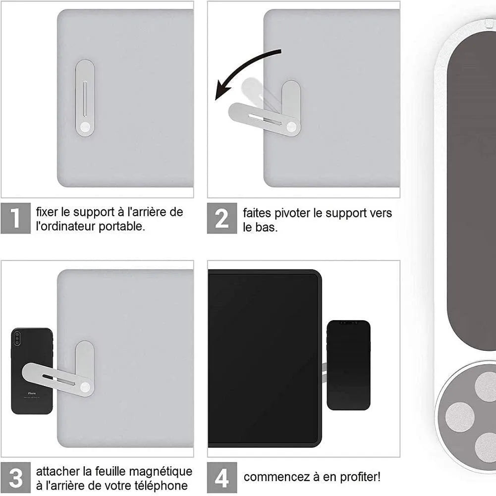 Aluminium alloy laptop side mount bracket holding a smartphone with magnetic attachment and adjustable arm