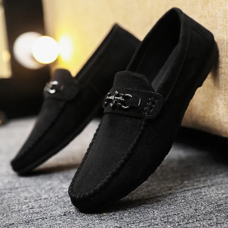 Men's black and brown waterproof PU leather slip-on loafers with round toe and rubber sole