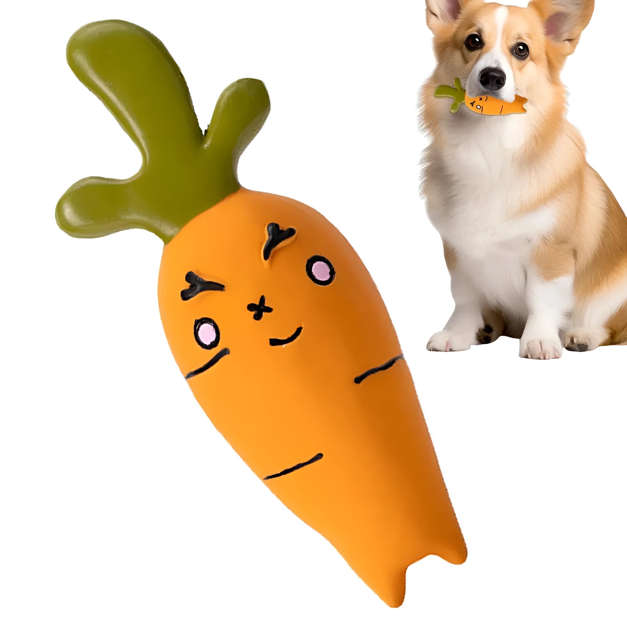 Latex vegetable dog chew toy with cartoon onion and eggplant design measuring 7x5x13cm