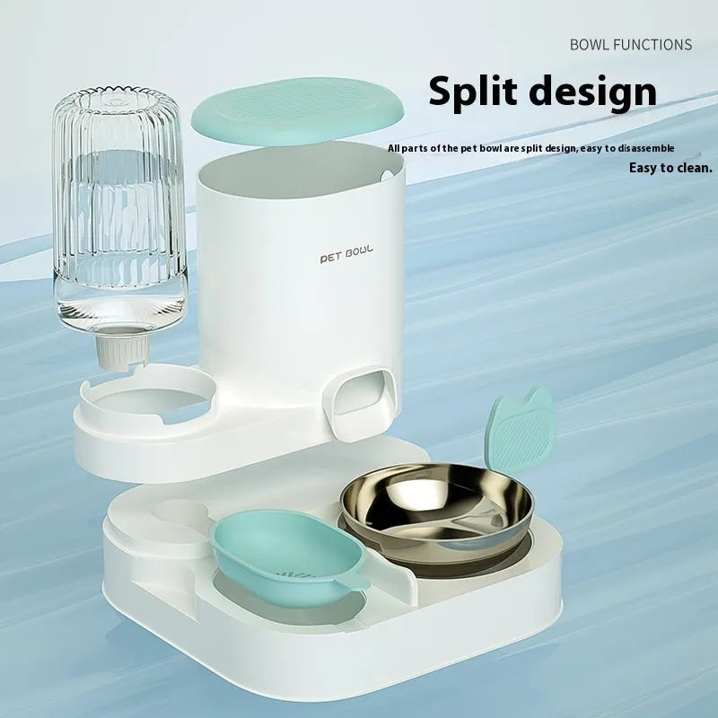 Automatic cat water fountain with integrated feeding bowl in avocado green colour, showing compact square design.