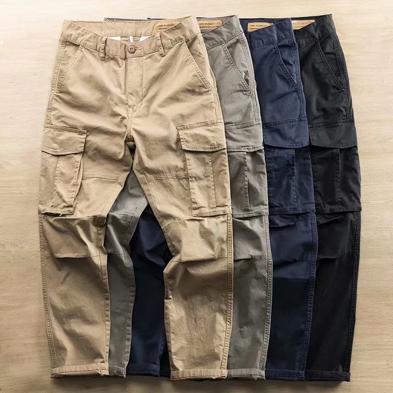 Men's solid-colour cotton work trousers with multiple pockets in cropped length