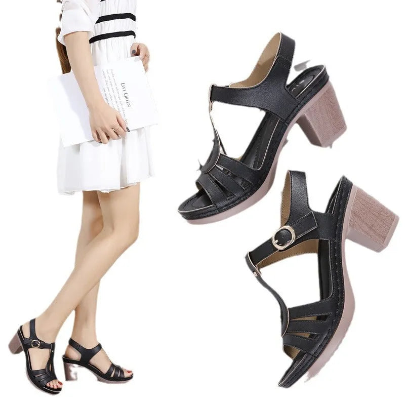 Women's patent leather sandals with thick heel, round toe, and metal buckle in black, pink, or apricot.