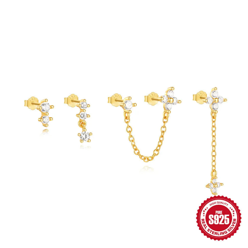 S925 sterling silver geometric clover petal earrings with gold electroplated finish, showing front and side views
