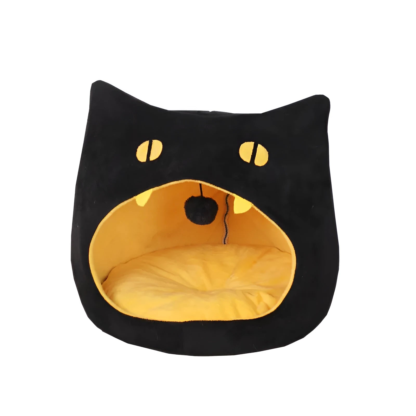 Grey covered cat cave pet bed with cat face design and anti-slip bottom.