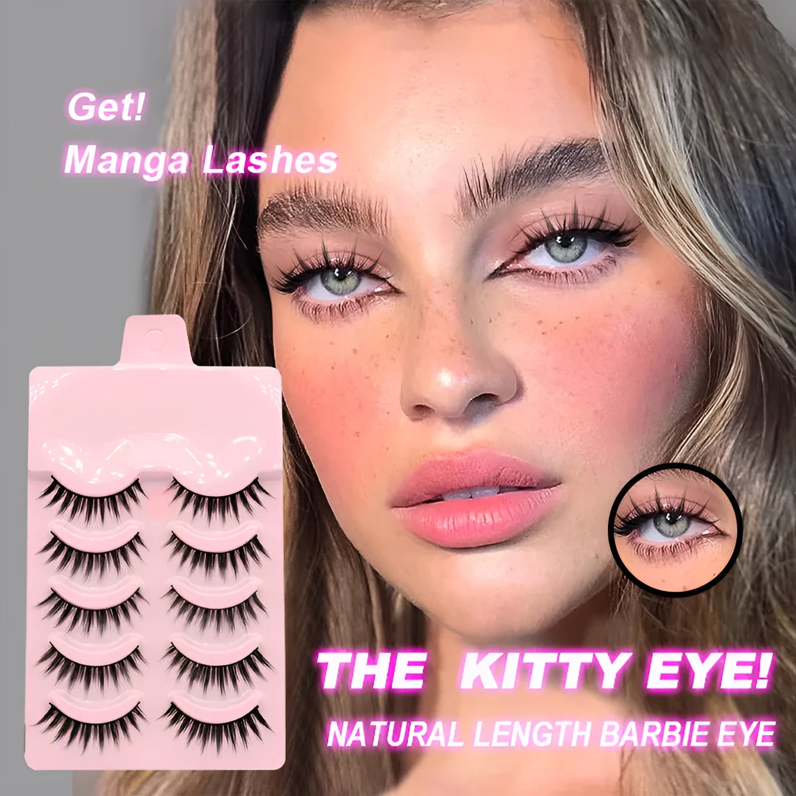 Pack of 5 pairs of black manga false eyelashes in three natural wispy styles 007, 008, 009 for cosplay.
