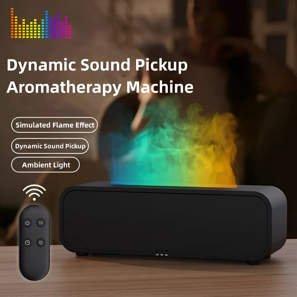 Black and white USB essential oil aroma diffuser with remote control and colour-changing flame light.