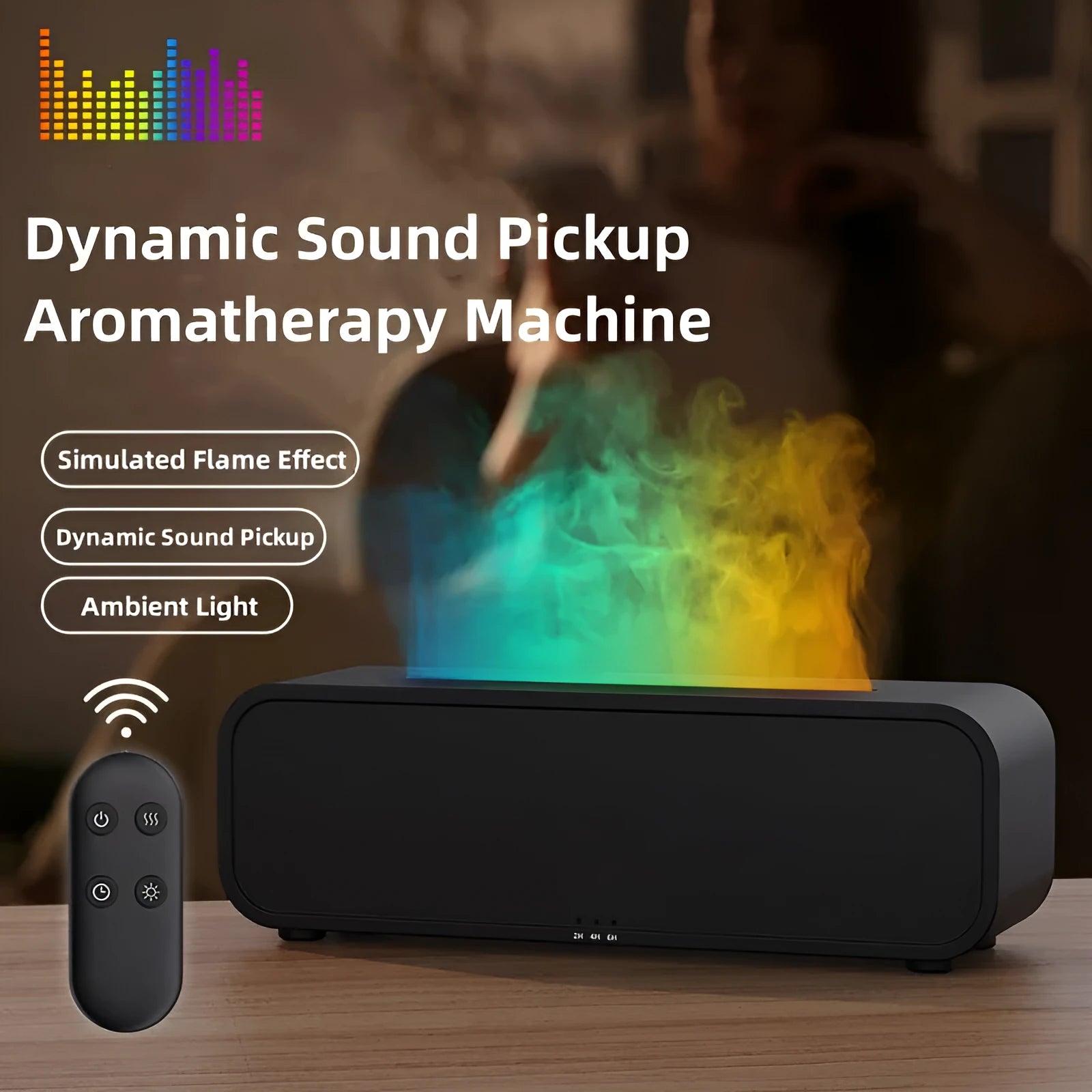 Black and white USB essential oil aroma diffuser with remote control and colour-changing flame light.