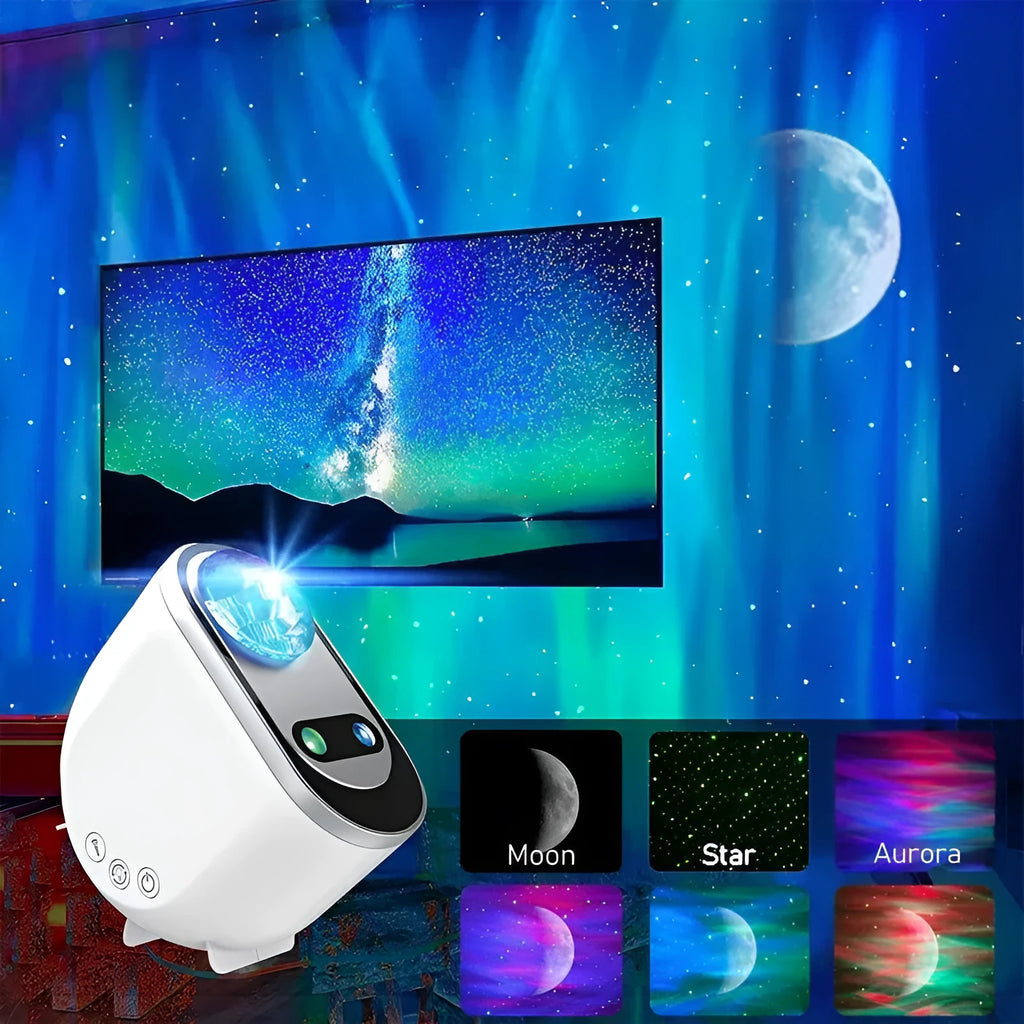 White starlight projector lamp projecting Northern Lights aurora and stars on wall with remote control