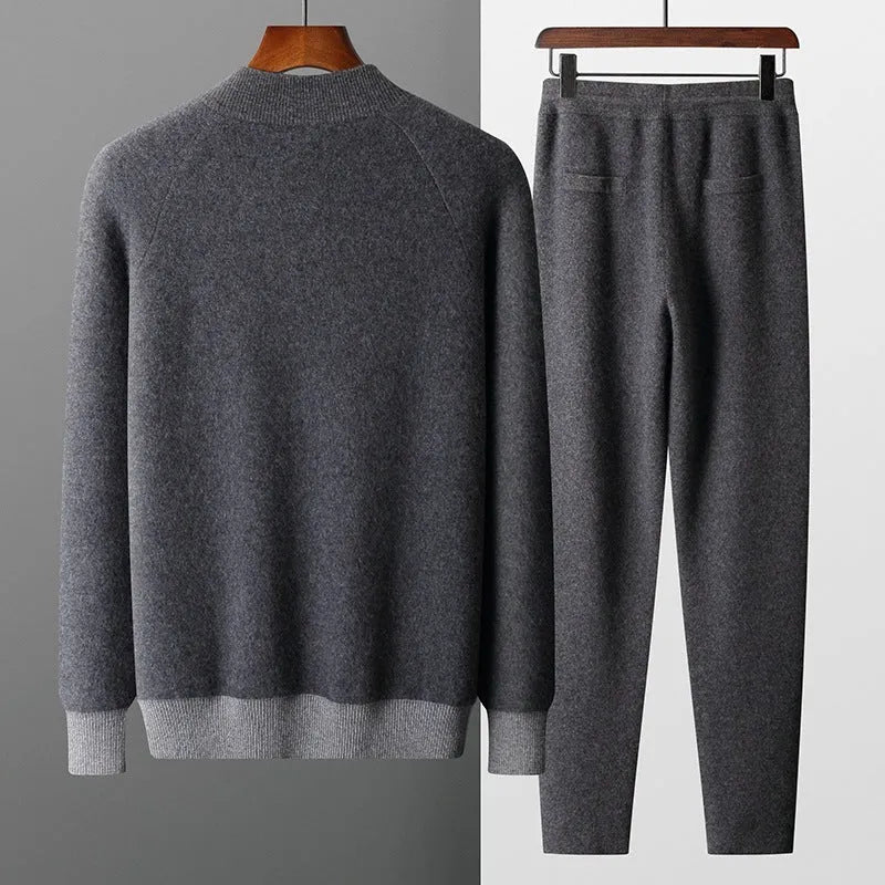 Men's cashmere wool blend half turtleneck zipper cardigan suit with trousers in winter colours