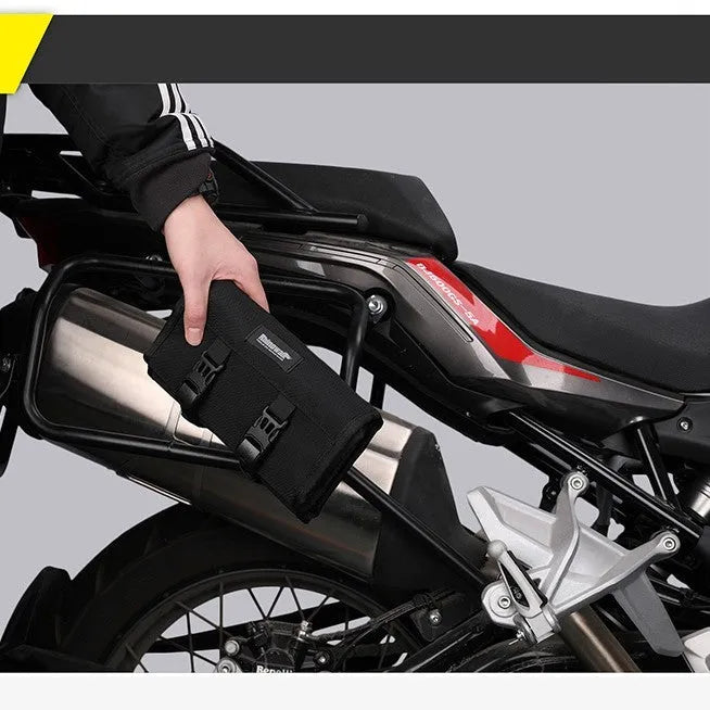 Foldable polyester motorcycle repair kit organiser bag with elastic tool straps, mesh zip pocket, black or military green