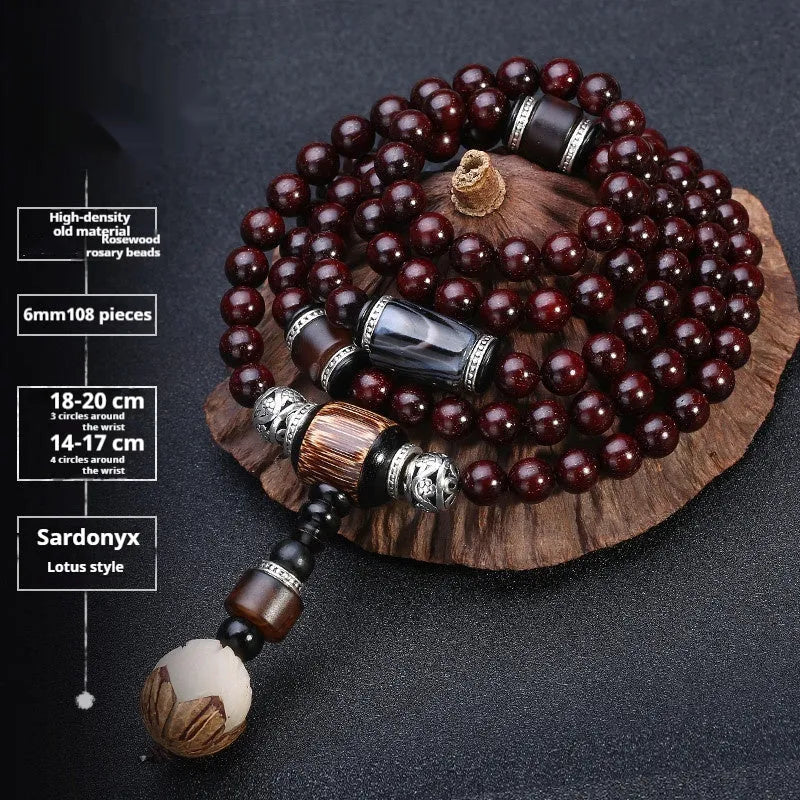 Men's Pterocarpus Santalinus rosewood bracelet with 108 beads in 6mm or 8mm size, showing traditional style details