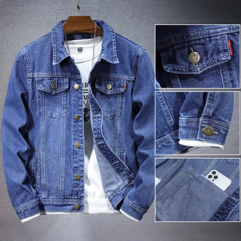 Men's denim coat in light blue or blue, loose cardigan style with round hem and side pockets, sizes M to 5XL