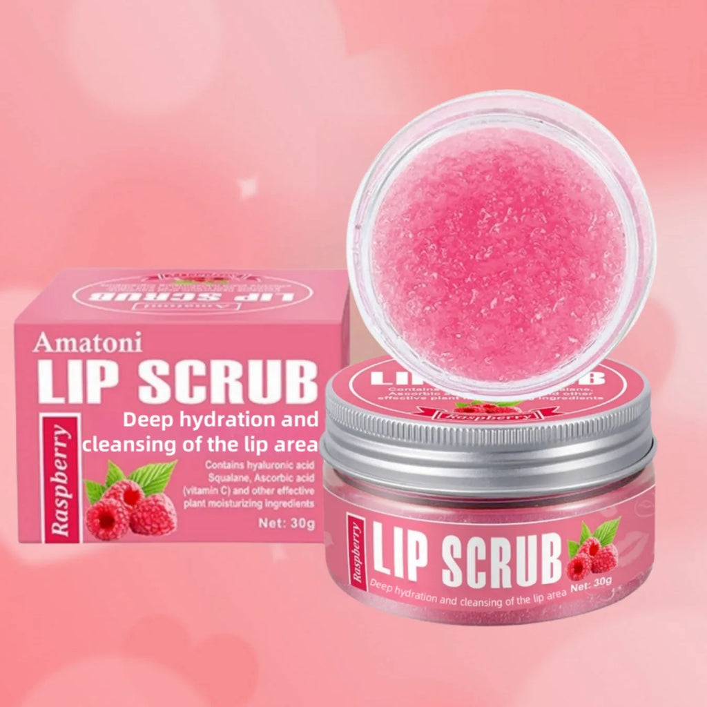 Amatoni Lip Scrub pot showing 30g exfoliating cream with fruit flavour options