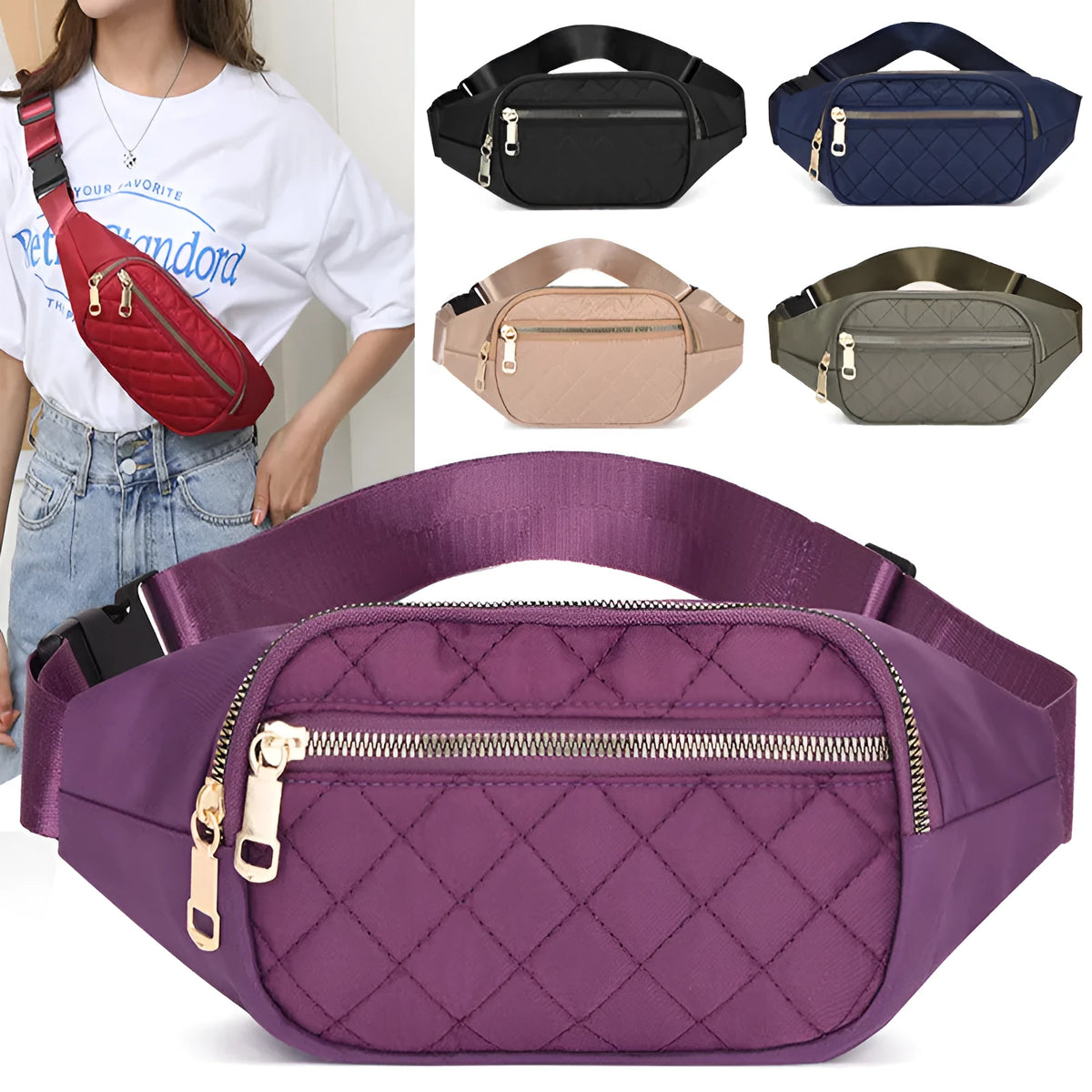 Rhombus nylon fanny pack for women in solid colour with zipper pockets and single soft handle for crossbody or waist wear.