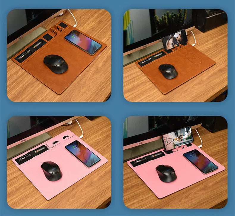 Multifunctional wireless charging mouse pad with phone holder on desk, showing 320x260mm PU surface in black colour