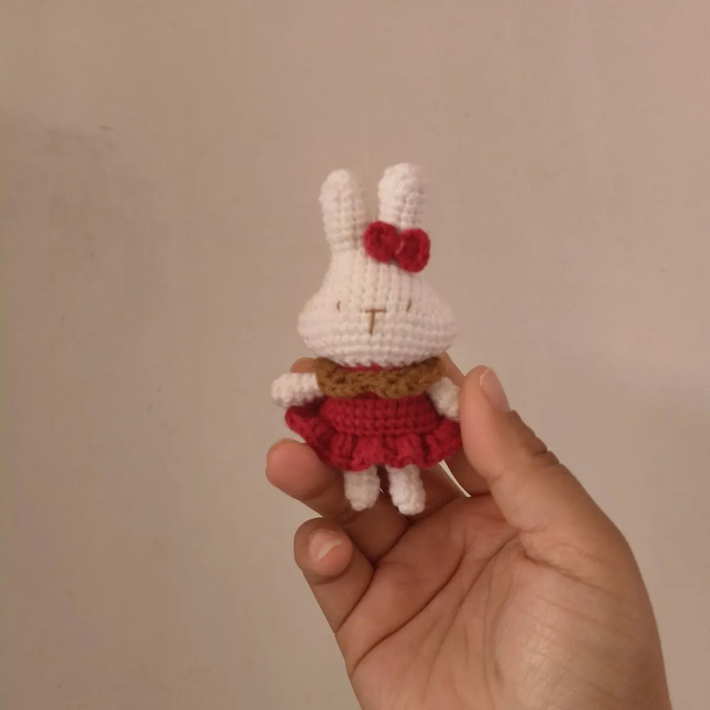 Hand-crocheted wool rabbit key chain pendant with optional metal ring attachment