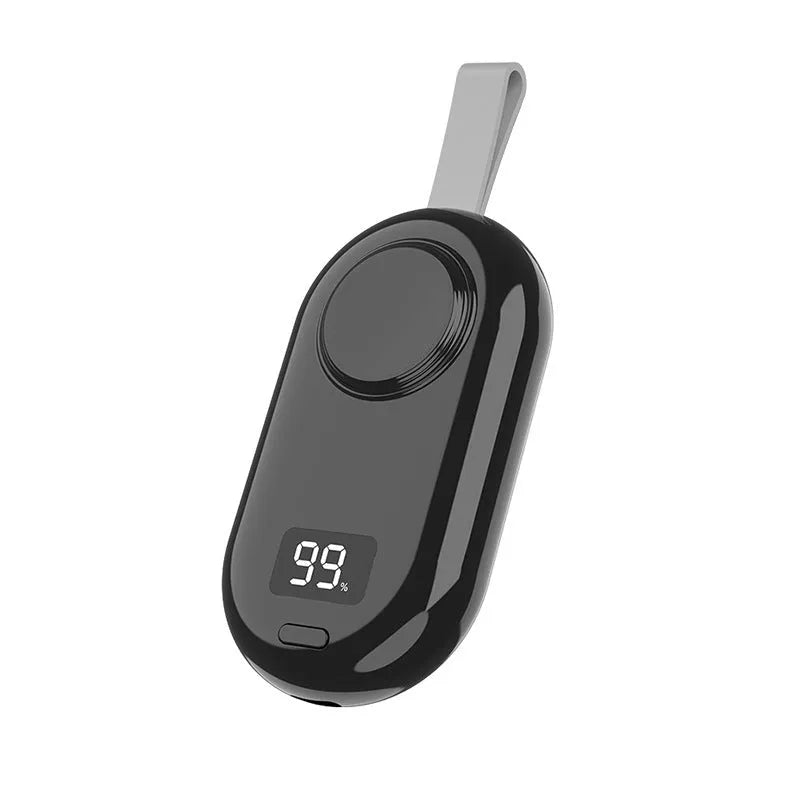 White and black plastic wireless power bank for V5 watch charging, showing Type-C port and compact 121.5x49.5x20.2mm size