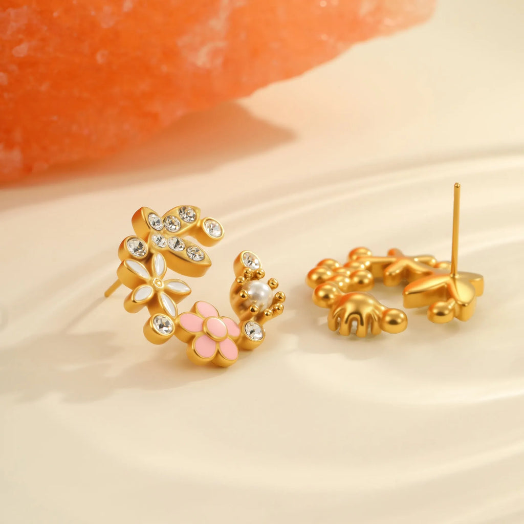 Colourful oil diamond flower petal stud earrings in 18K stainless steel with electroplated finish