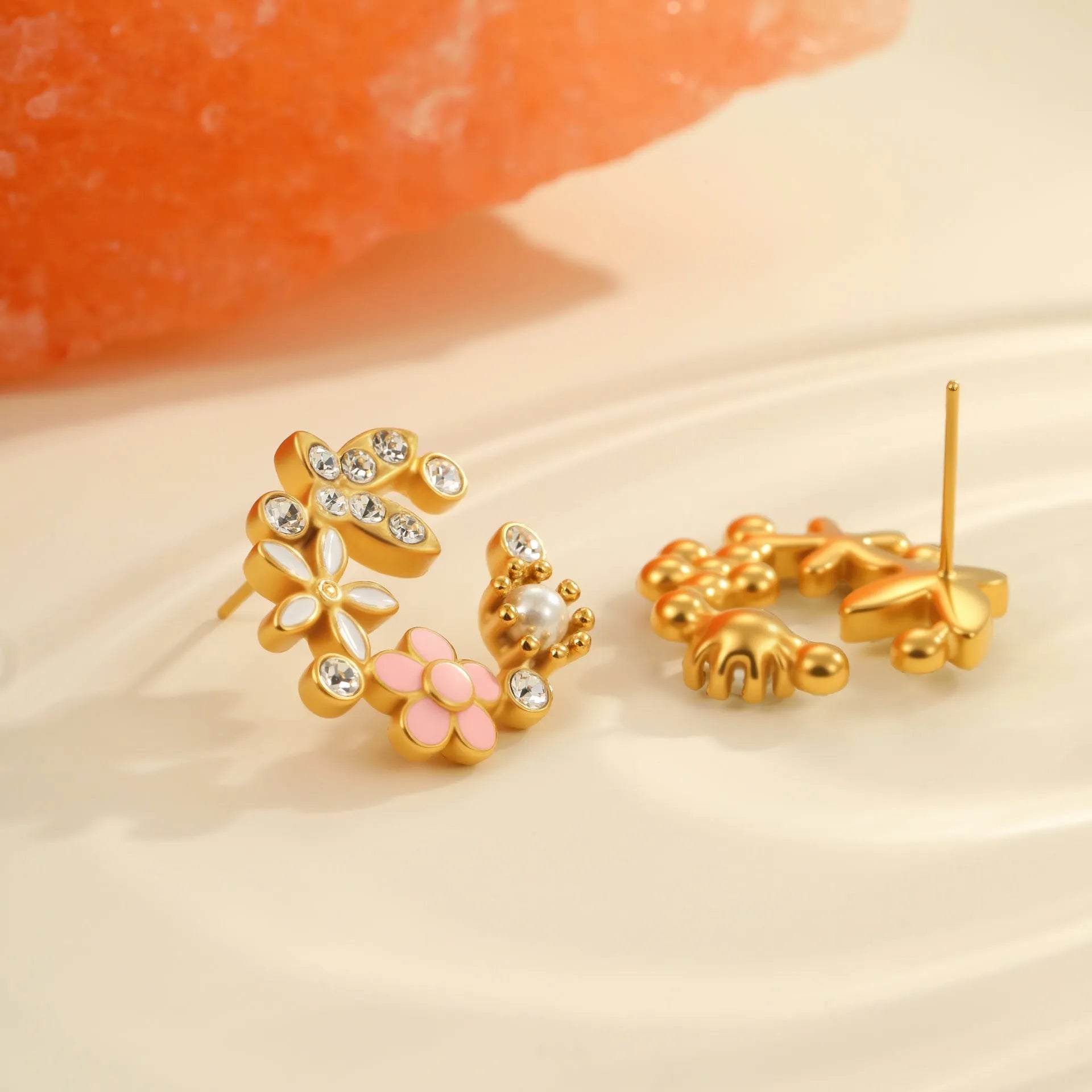 Colourful oil diamond flower petal stud earrings in 18K stainless steel with electroplated finish