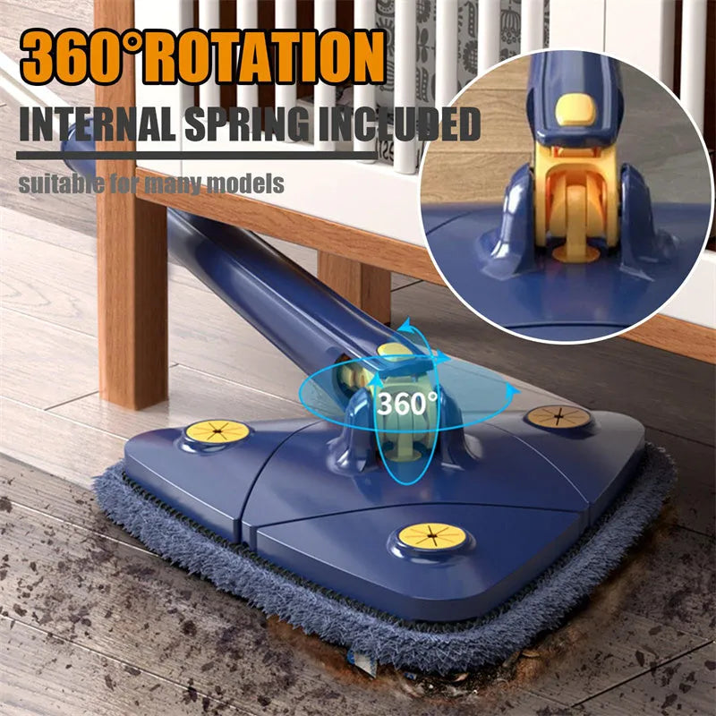 Extendable blue triangle mop with rotating head and stainless steel pole for floor and wall cleaning.