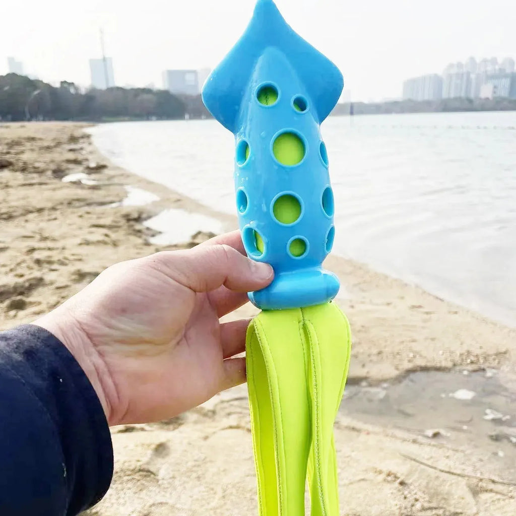 Blue cuttlefish-shaped dog chew toy approximately 39cm long with rubber and waterproof cloth construction