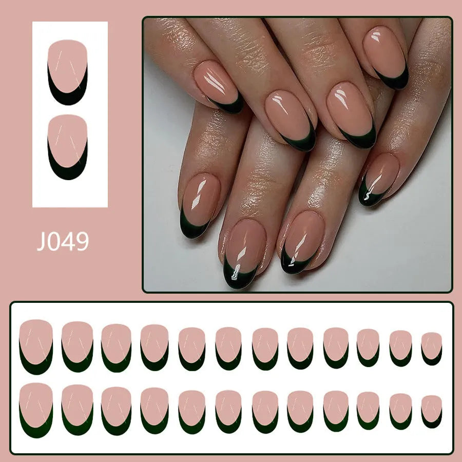 Almond-shaped false nails with black French manicure style, 24-piece set laid out