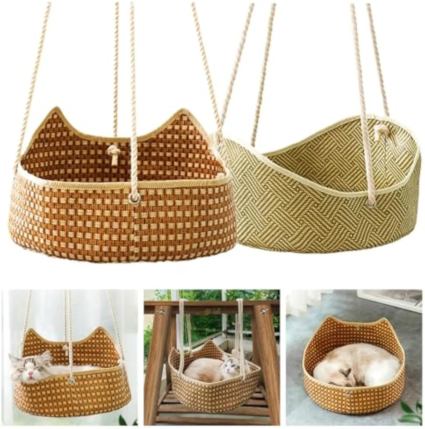 Green rattan cat hammock with metal hooks, shown hanging in a cage.