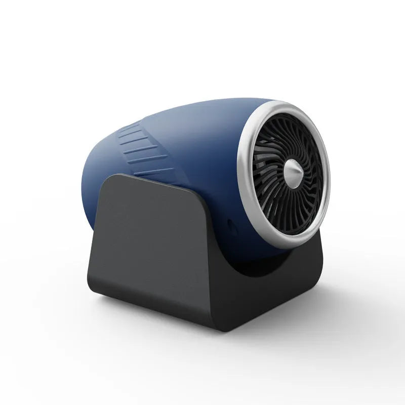Navy blue 12v car heater with rotation function for defrosting windows, showing cigarette lighter plug
