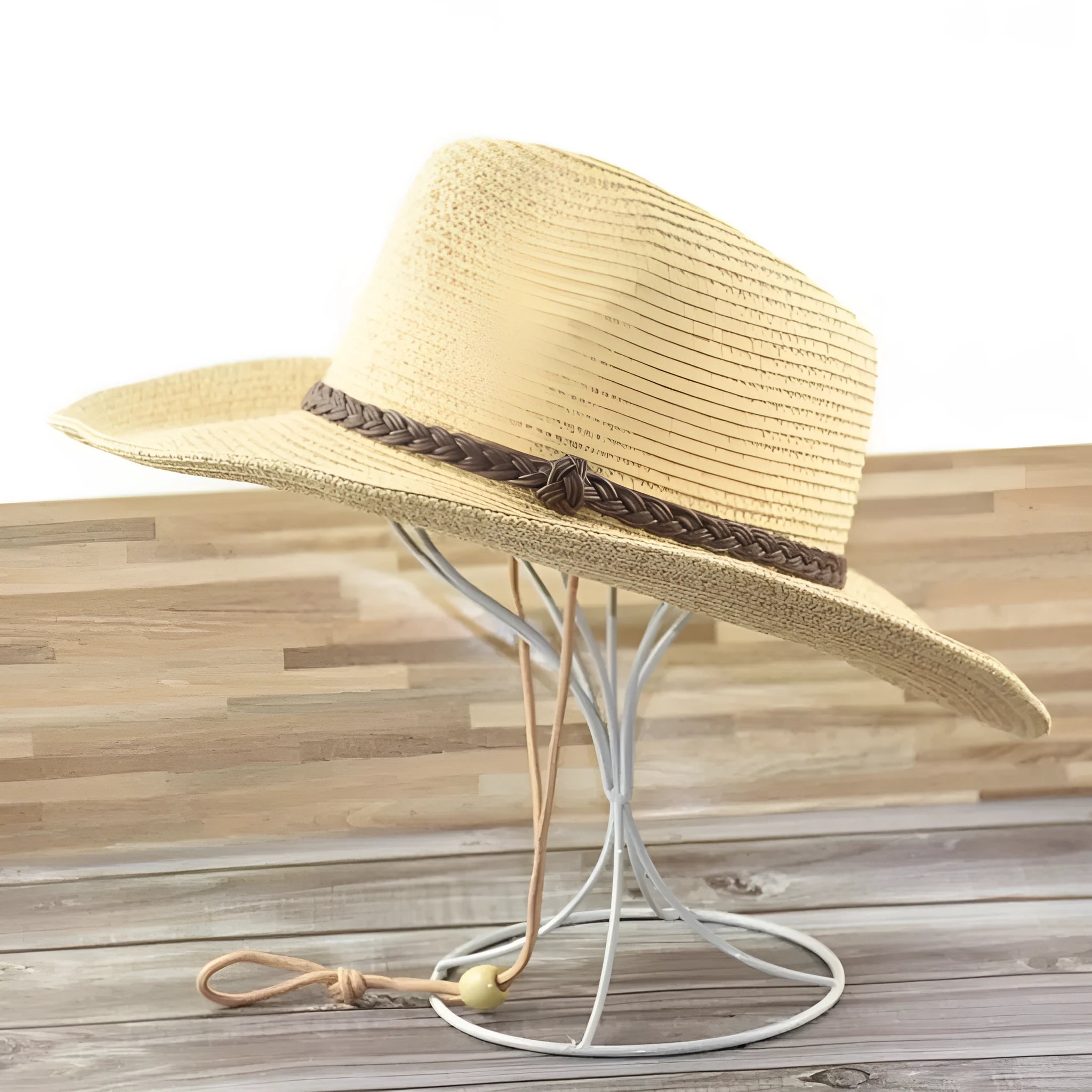 Men's foldable wide-brim straw sun hat in beige, showing its packable design.