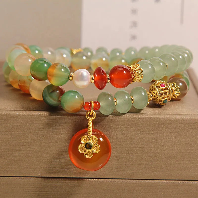 Peacock green agate double ring women's bracelet with safety buckle and rhinestone details