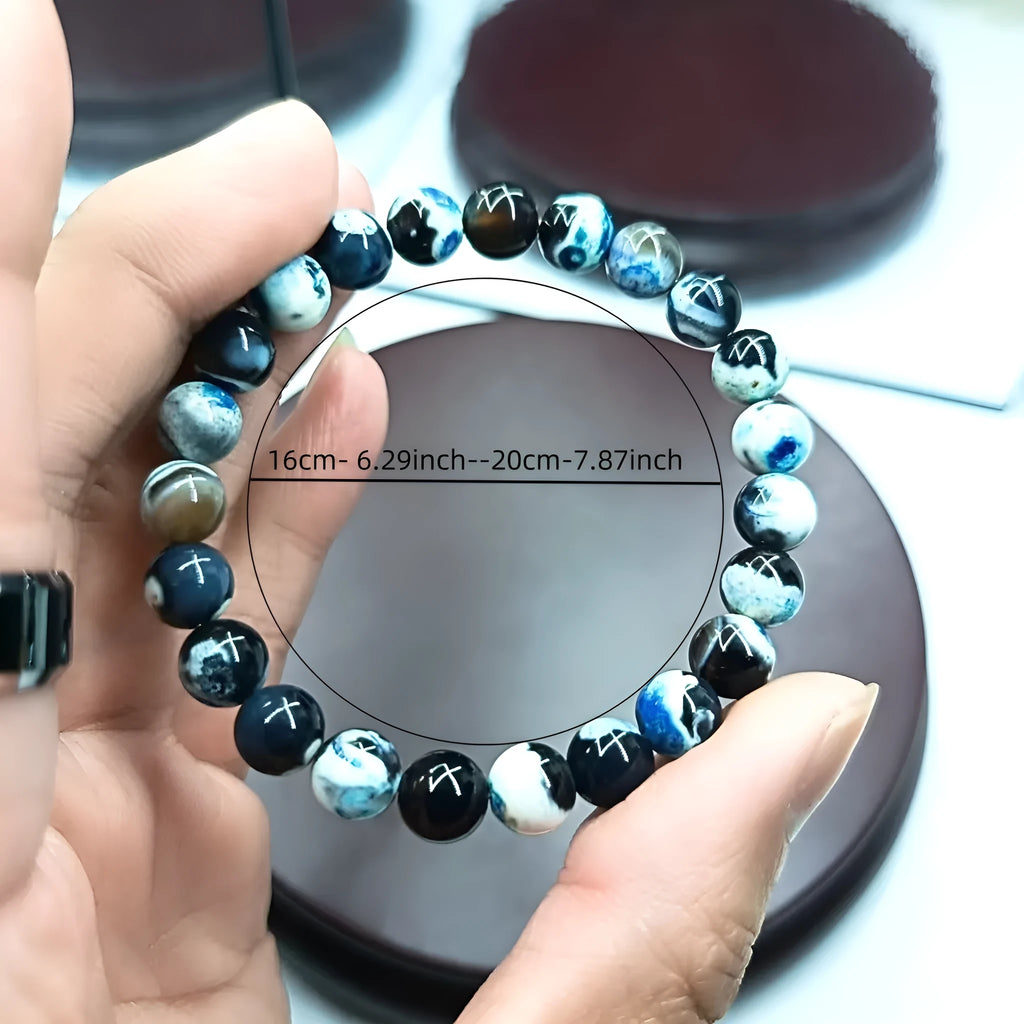 Ladies Bohemian bracelet with 8mm natural agate glass beads and adjustable silver clasp in four colour variations