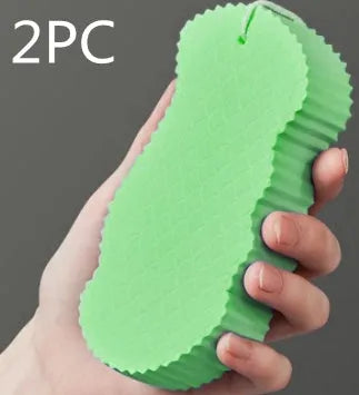 3D body rubbing sponge with fish scale pattern in white, grey, pink, or light blue, showing super-soft texture for gentle exfoliation