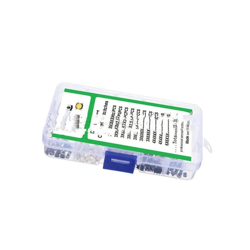 Box containing 250 SMT surface mount patch button switches for electronics assembly.
