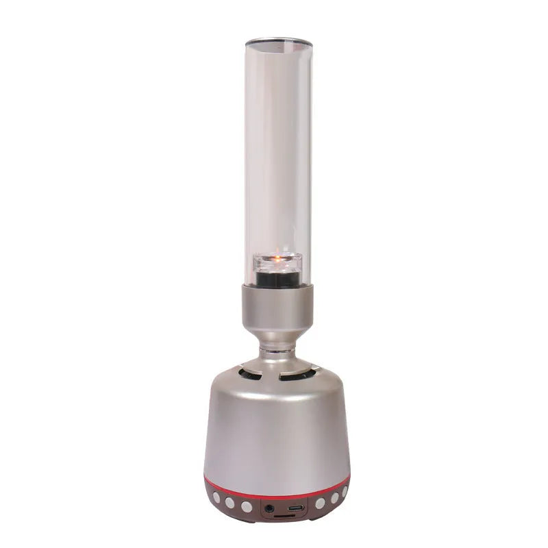 White silver Bluetooth speaker with candlelight-style lighting, 90x277mm dimensions