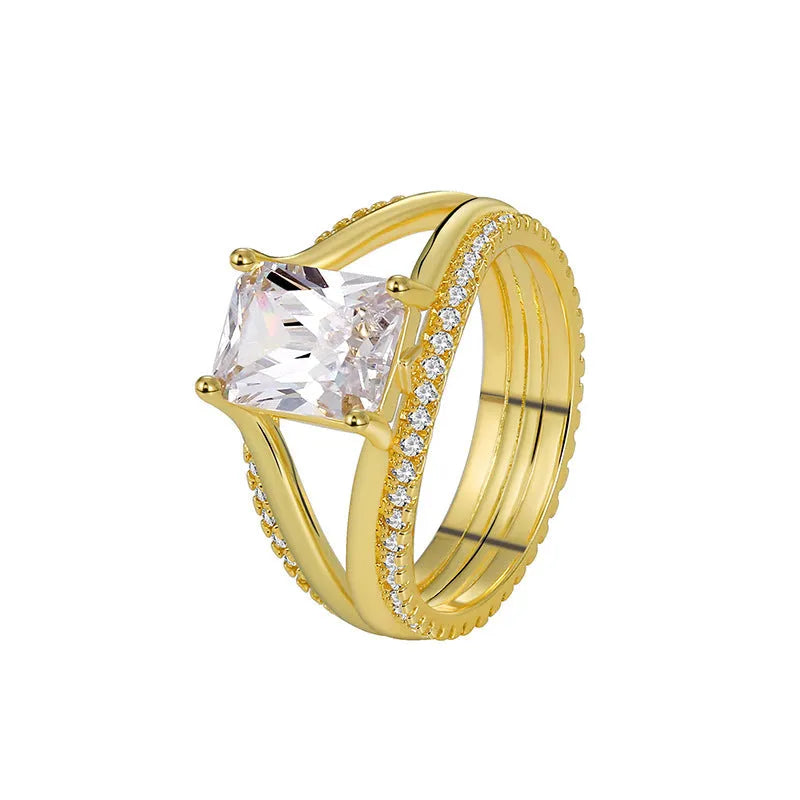 Gold electroplated geometric women's ring with square zircon stone detail