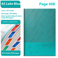 Office notepad with striped PU leather cover showing 204 sheets of 80g paper, dimensions 144x210mm
