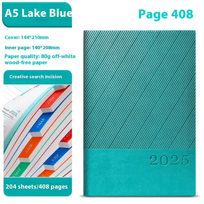 Office notepad with striped PU leather cover showing 204 sheets of 80g paper, dimensions 144x210mm